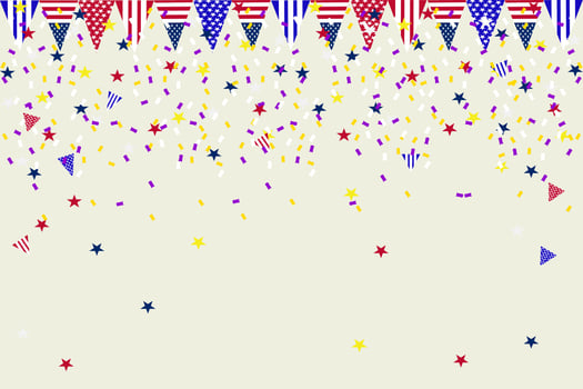 Independence Day background banner USA flag garland, bunting, balloons, confetti, star, ribbon, falling from the sky. Web advertising Celebration parade festival party decoration vector illustration.