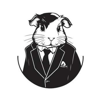 guinea pig wearing suit, vintage logo line art concept black and white color, hand drawn illustration vector