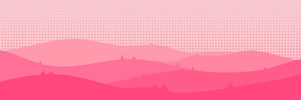 Beautiful landscape in pink. Asian style. Long hills and mountains scenery background design. Vector illustration. Suitable for landing pages, web, wall painting and posters.