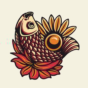 Fish and Flowers Nature Summer Vector Retro Illustration