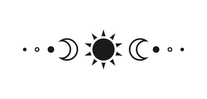 Celestial text divider with sun, stars, moon phases, crescents. Ornate boho mystic separator decorative element vector