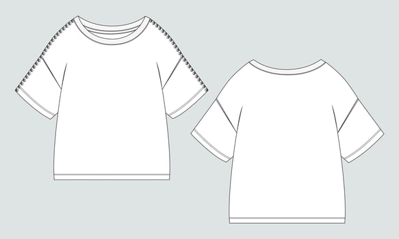 Short Sleeve with drop shoulder Ladies t shirt Technical Fashion flat sketch Vector illustration template Front and back views.