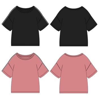 Short Sleeve with drop shoulder Ladies t shirt Technical Fashion flat sketch Vector illustration black and purple color template Front and back views.