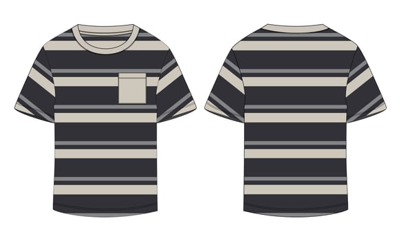 Short sleeve t shirt with yarn dry all over strip technical drawing fashion flat sketch vector illustration template front and back views