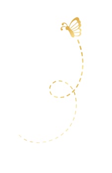 Golden Butterfly with Dotted Line Flight Route. Elegant gold butterfly trail. Vector design elements for spring and summer.