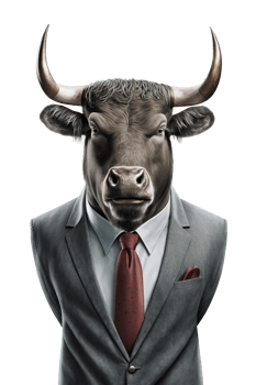 Bull dressed in a formal business suit on transparent background, created with png