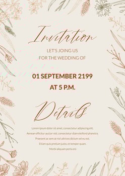 Wedding invitation with hand drawn summer herbs. Vertical wildflowers design. Vector illustration in sketch style. Meadow flowers aesthetic background