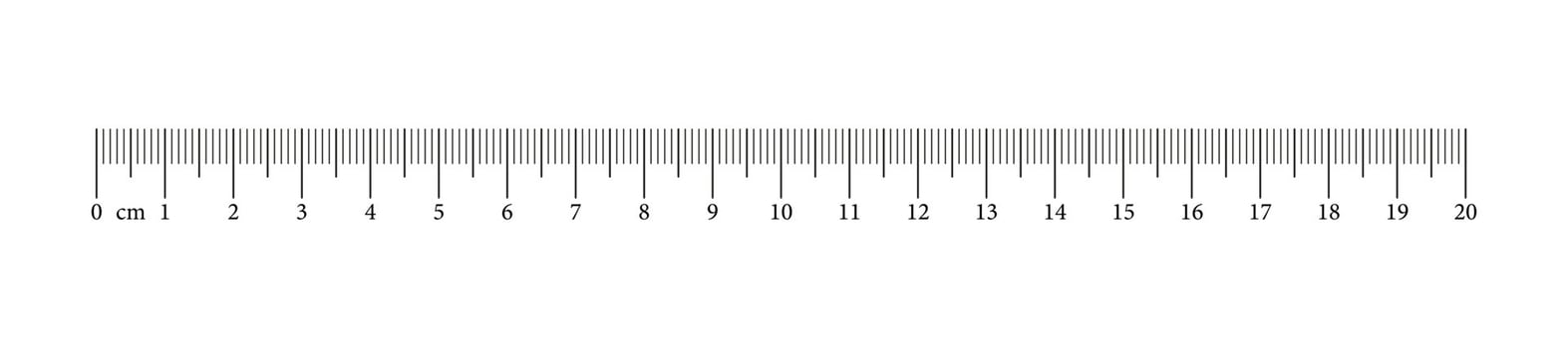 Measuring chart with 20 centimeters. Ruler scale with numbers. Length measurement math, distance, height, sewing tool. vector