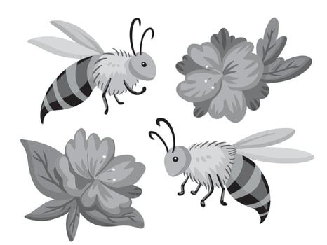 Bee and flowers grayscale vector illustration isolated on white horizontal background. Monochrome shades of gray simple and flat styled drawing.