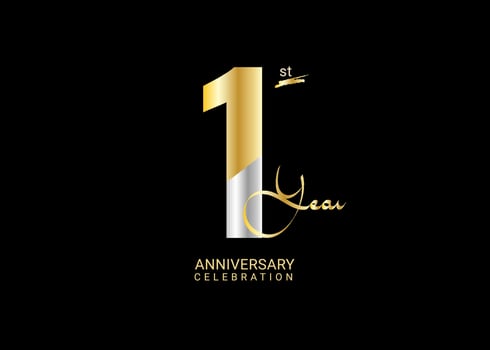 1 Years Anniversary Celebration gold and silver Vector Template, 1 number logo design, 1st Birthday Logo,  logotype Anniversary,  Vector Anniversary For Celebration, poster, Invitation Card