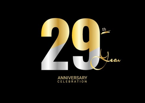29 Years Anniversary Celebration gold and silver Vector Template, 29 number logo design, 29th Birthday Logo,  logotype Anniversary, Vector Anniversary For Celebration, poster, Invitation Card