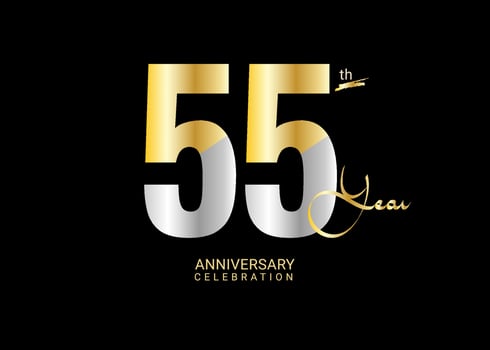 55 Years Anniversary Celebration gold and silver Vector Template, 55 number logo design, 55th Birthday Logo,  logotype Anniversary, Vector Anniversary For Celebration, poster, Invitation Card
