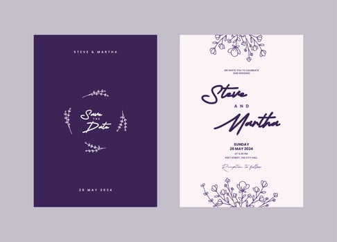 A set of Minimalist wedding invitation template with hand drawn flowers and leaves decoration vector