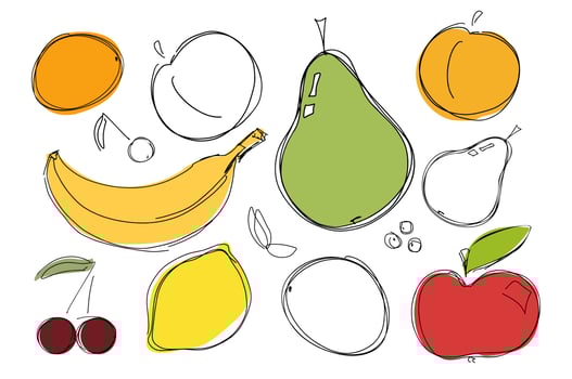 Fruits set. Abstract collection of fruits and citrus. Colored doodles on a white background. Vector illustration for poster, coloring book.
