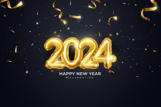 Happy New Year 2024. festive realistic decoration. Celebrate 2024 party on a dark background vector
