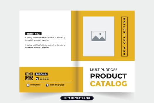 Product catalog and promotional magazine cover template with photo placeholders. Company promotion catalog booklet cover with yellow and dark colors. Business product advertisement catalog cover. vector