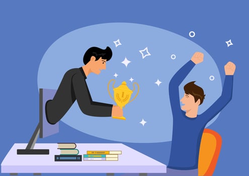 Handsome businessman holds out a golden cup from a monitor to a happy man. Office worker. Award in the online contest. Modern vector illustration.