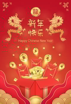 Chinese new year ad template card. Dragon zodiac, china lunar calendar animal. Red envelope full of fortune bag, gold coins fly out large gift box. Translation Chinese new year of the dragon. Vector. vector