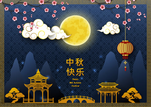 Mid Autumn or Moon Festival greeting card with full moon on blue background,Chinese translate mean Mid Autumn Festival vector