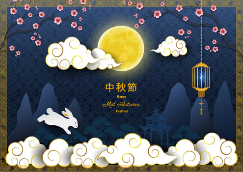 Mid Autumn festival or Moon Festival greeting card with asian elements on blue background,Chinese translate mean Mid Autumn Festival vector