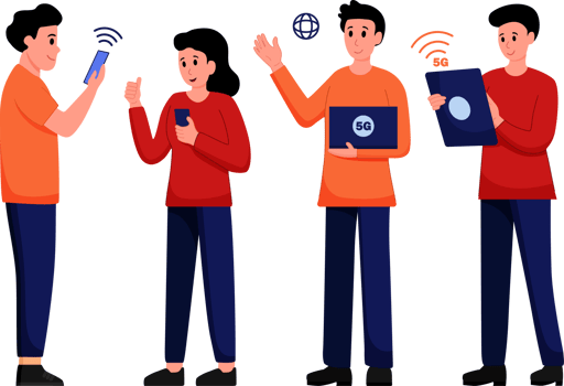 Cartoon characters using mobile wireless technology for faster connectivity with smartphones and tablets illustration. 5G wireless network technology concept png
