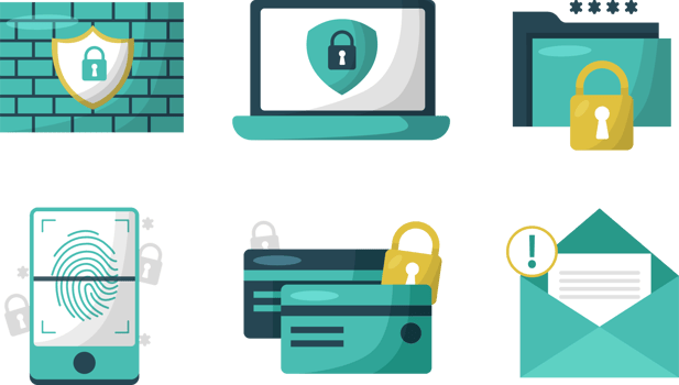Digital data protection design element set. Cyber security illustration set. Cloud computing network safety concept. png