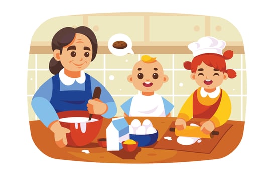 Happy Kids Make Cookies With Their Mother at The Kitchen vector