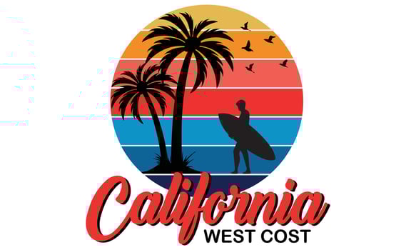 California West Cost T-shirt Design Vector Illustration And Apparel Trendy Design With Palm Trees Silhouettes With Surfing Man, Typography, Print, vector Illustration. Vector Print Design Artwork
