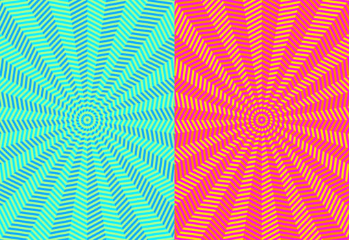 Abstract blue, pink, yellow background pattern. A circular radial illusion extending from the center. Twenty pointed star geometric shapes alternate dark and light colors. Vector illustration.