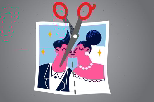 Scissors cut couple marriage photograph. Spouses get divorced having relationship problems. Man and woman separated breakup relations. Separation and love end. Flat vector illustration.