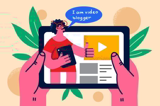 Person hold tablet gadget watch video blogger online. Woman use pad follow vlogger enjoy tutorial or vlog on internet. Social media and technology concept. Vlogging. Flat vector illustration.
