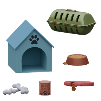 3d rendered dog set includes house, bones, food, cage and necklace perfect for pet shop design project png