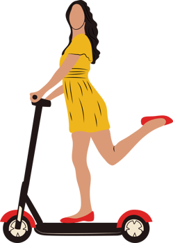 Young female character with backpack ride modern urban transport electric kick scooter. Active hipster adult millennial uses lifestyle ecology technologies. png
