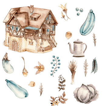Watercolor hand drawn autumn farm house and sea buckthorn. Hand drawn illustration of autumn. Perfect for scrapbooking, kids design, wedding invitation, posters, greetings cards, party decoration. png