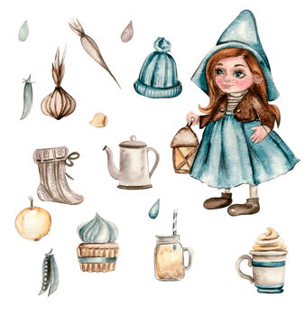 Watercolor hand drawn autumn girl gnome and sea buckthorn. Hand drawn illustration of autumn. Perfect for scrapbooking, kids design, wedding invitation, posters, greetings cards, party decoration. png