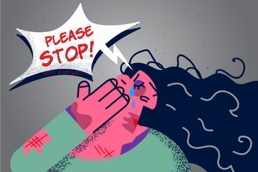 Unhappy female victim with bruises on face beg ask to stop violence and beating. Upset frustrated woman struggle from harassment or domestic abuse. Physical harm. Flat vector illustration.