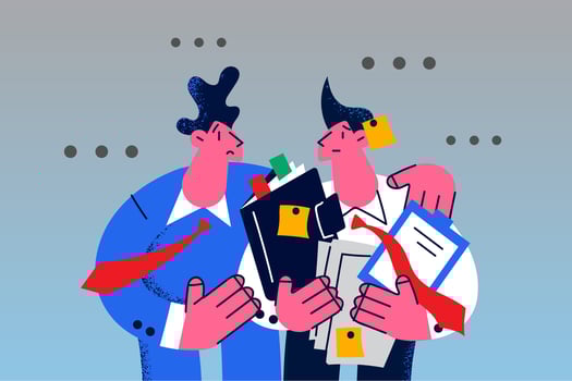 Businessman give stack of paperwork to male employee or subordinate. Man boss or director instruct manage intern or trainee in office. Employment concept. Flat vector illustration.
