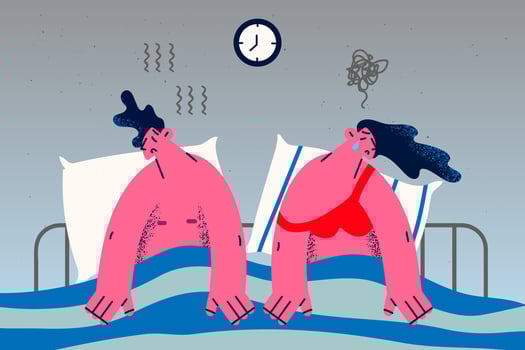 Unhappy couple lying in bed suffer from sexual problems. Upset stressed man and woman struggle with relationship troubles. Family fight, divorce or split. Flat vector illustration.