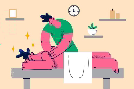 Professional masseur give massage to happy calm client in saloon or spa clinic. Masseuse perform manual body care or procedure to relaxed customer in salon. Flat vector illustration.