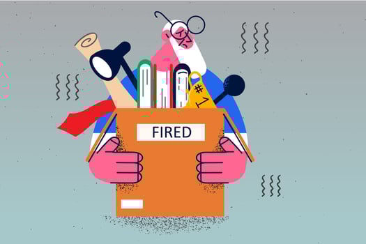 Unhappy old man with box with personal belongings fired from work in office. Upset mature male employee or worker frustrated with job dismissal. Pension and retirement. Vector illustration.