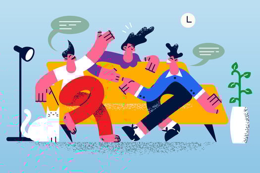 Happy diverse friends sit on sofa at home talking and chatting on weekend together. Smiling young people have fun involved in conversation communication on lockdown. Vector illustration.