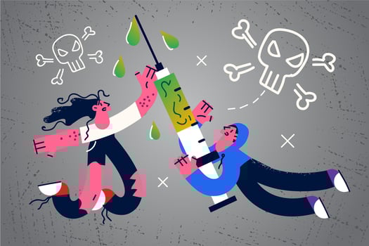 People drug addicts with syringe obsessed with heroin. Addicted man and woman suffer from narcotics or crack addiction. Healthcare and danger, abuse concept. Flat vector illustration.