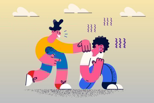 Cheerful child help sad unhappy crying friend falling down feel distressed. Happy kid support comfort upset depressed mate or pal show friendship and unity. Flat vector illustration.