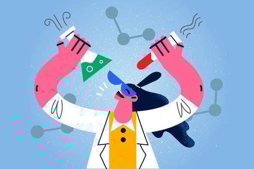 Happy woman scientist in medical uniform with tubes make experiments in laboratory. Smiling female researcher or professional develop vaccine in lab. Science concept. Vector illustration.