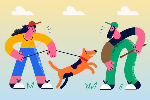 Woman owner with dog have training with specialist outdoors. Girl at class with puppy learn commands with canine handler. Domestic animal or pet lessons. Flat vector illustration.