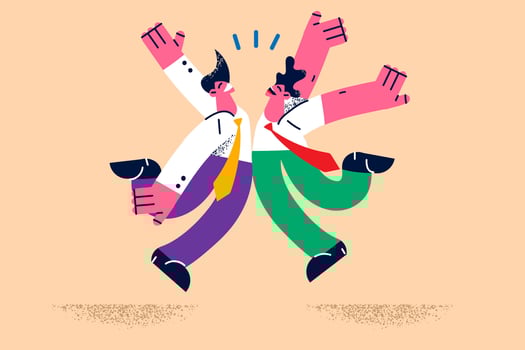 Overjoyed businessmen jump celebrate shared business victory or success. Happy male colleagues or employees feel euphoric triumph with win. Teamwork, luck concept. Vector illustration.