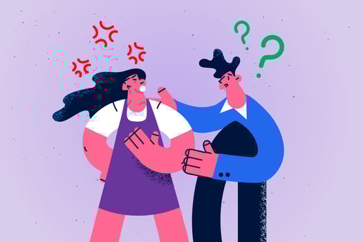 Confused young man comfort support unhappy angry woman. Couple have disagreement or fight think of breakup or divorce. Husband and wife relationship problem. Flat vector illustration.