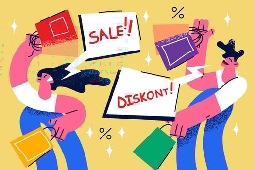 Overjoyed diverse people excited with seasonal winter sale or promotion in shopping center or mall. Happy buyers or clients purchase buy on discount or deals. Consumerism. Vector illustration.