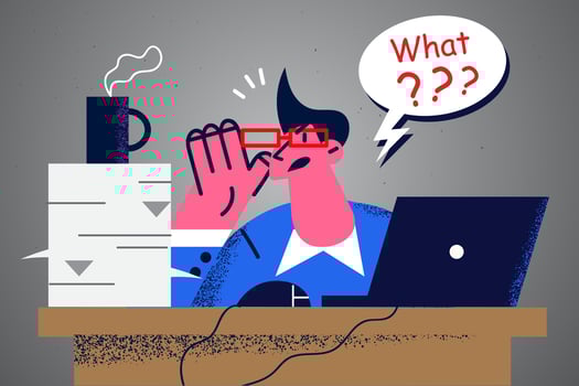 Confused businessman sit at office desk frustrated by workload or deadline. Stressed male employee distressed with multitasking at workplace. Vector illustration, cartoon character.