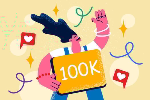 Happy woman influencer celebrate large number of followers on social media. Smiling girl blogger have thousands of subscriptions on online channel. Blogging concept. Vector illustration.